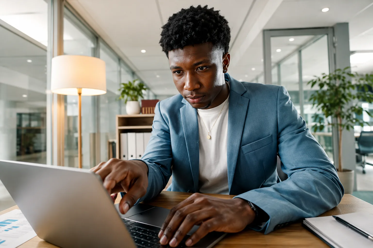 Un dirigeant consulte un guide sur son ordinateur portable, dans un bureau vitré